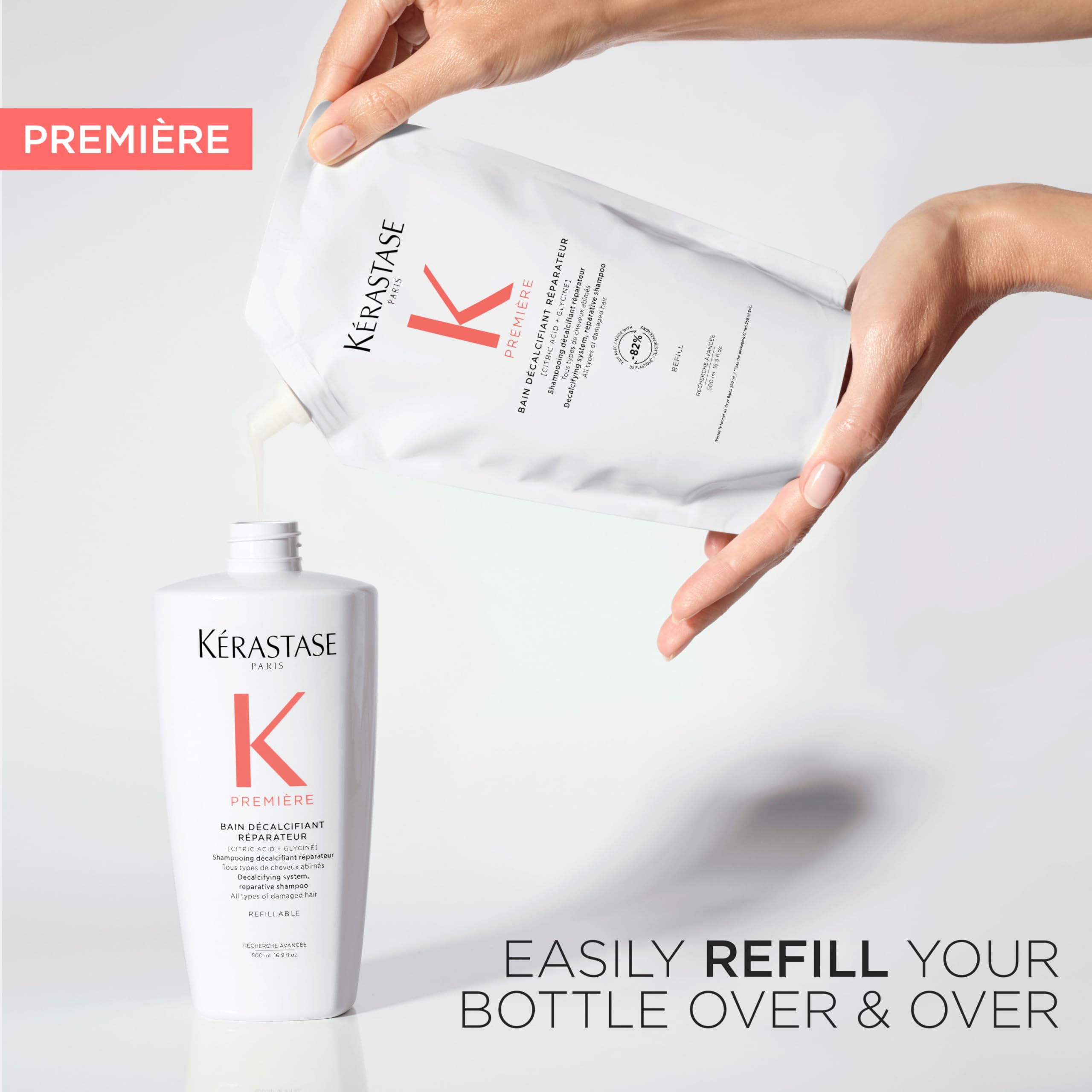 KÉRASTASE before and after hair shot showing smoother, strengthened strands