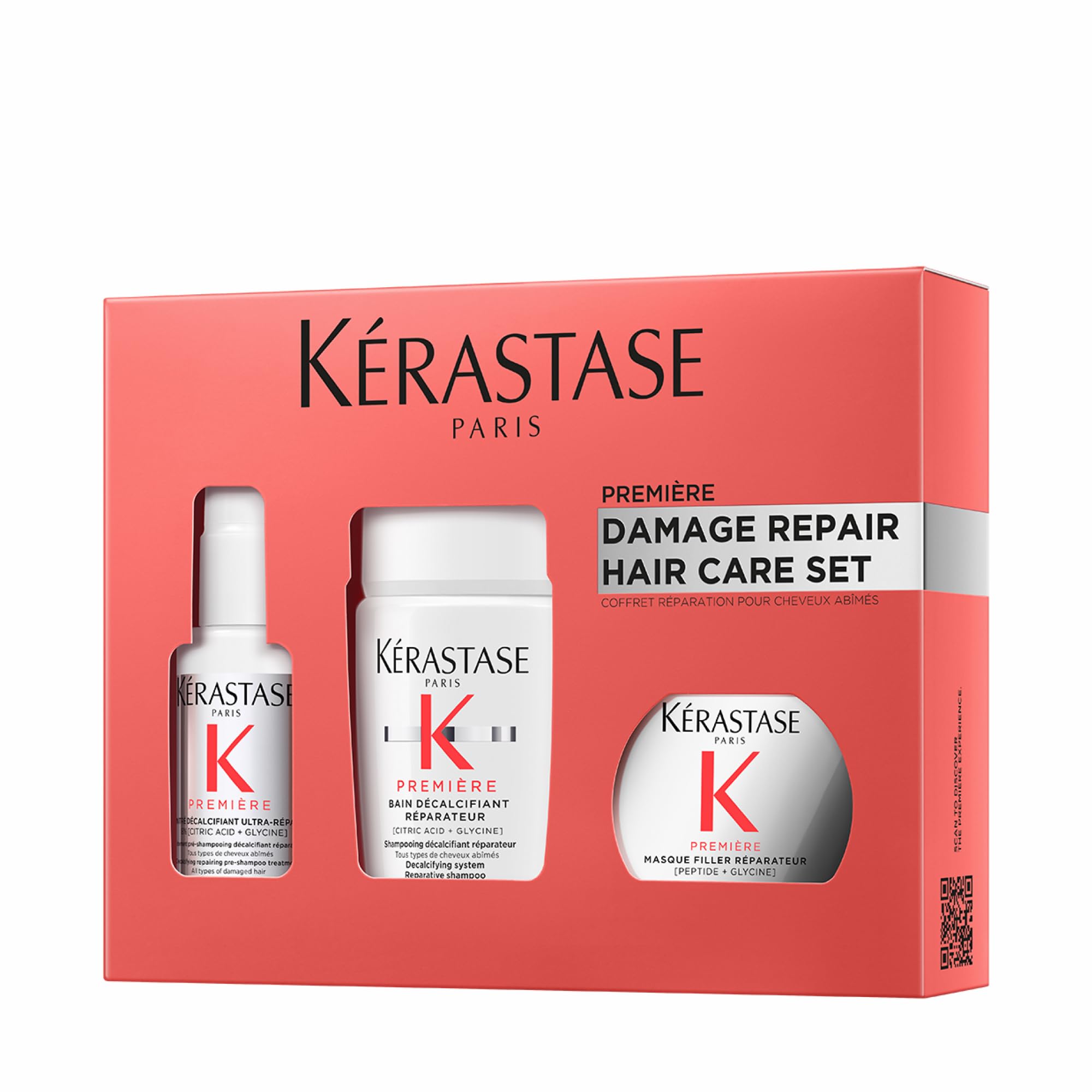 KÉRASTASE front packaging showing the repair trio and travel-friendly sizes