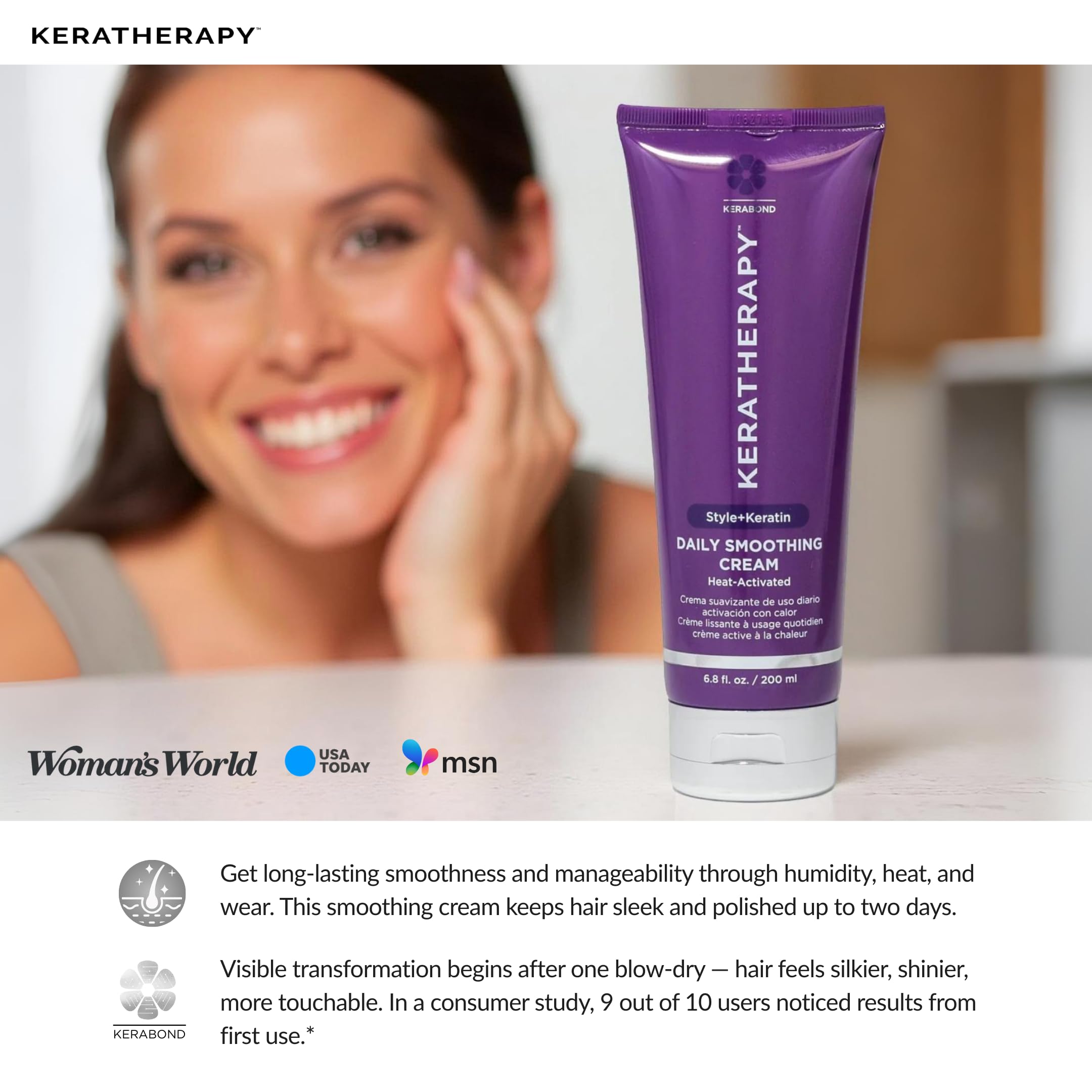 KERATHERAPY before and after hair showing reduced frizz and added shine