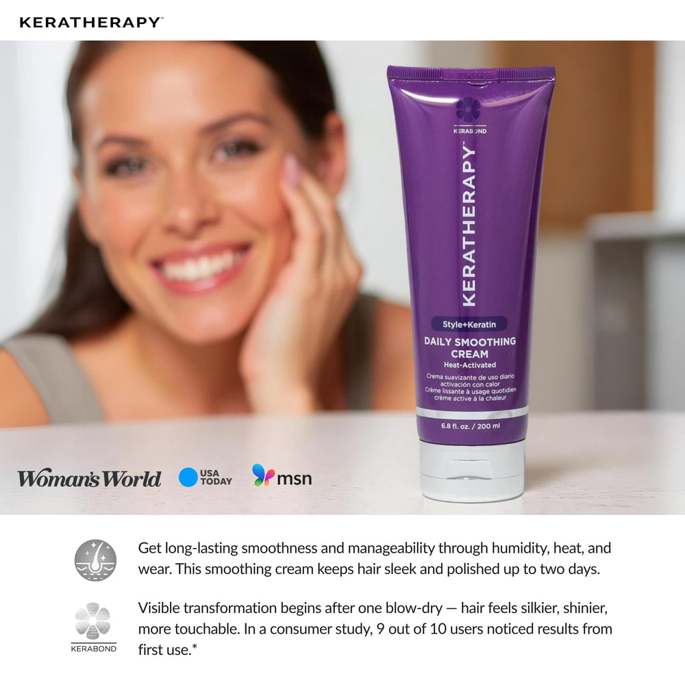 KERATHERAPY before and after hair showing reduced frizz and added shine