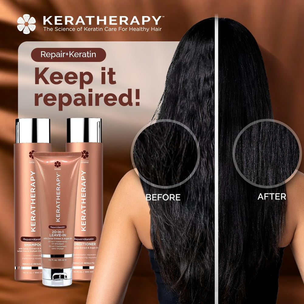 KERATHERAPY bottle on bathroom shelf in lifestyle setting promoting daily use