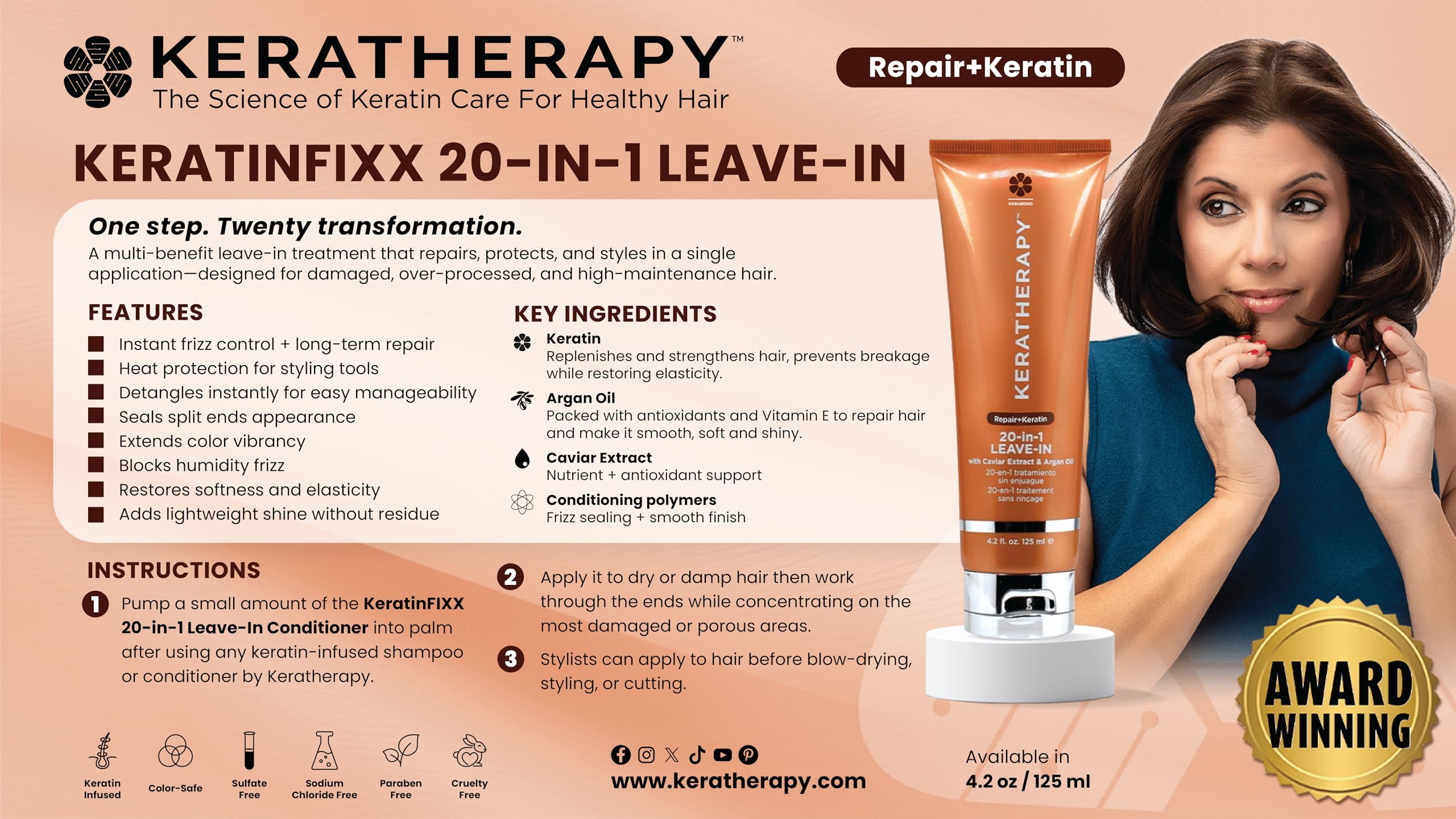 KERATHERAPY spray nozzle dispensing mist for even application and lightweight finish