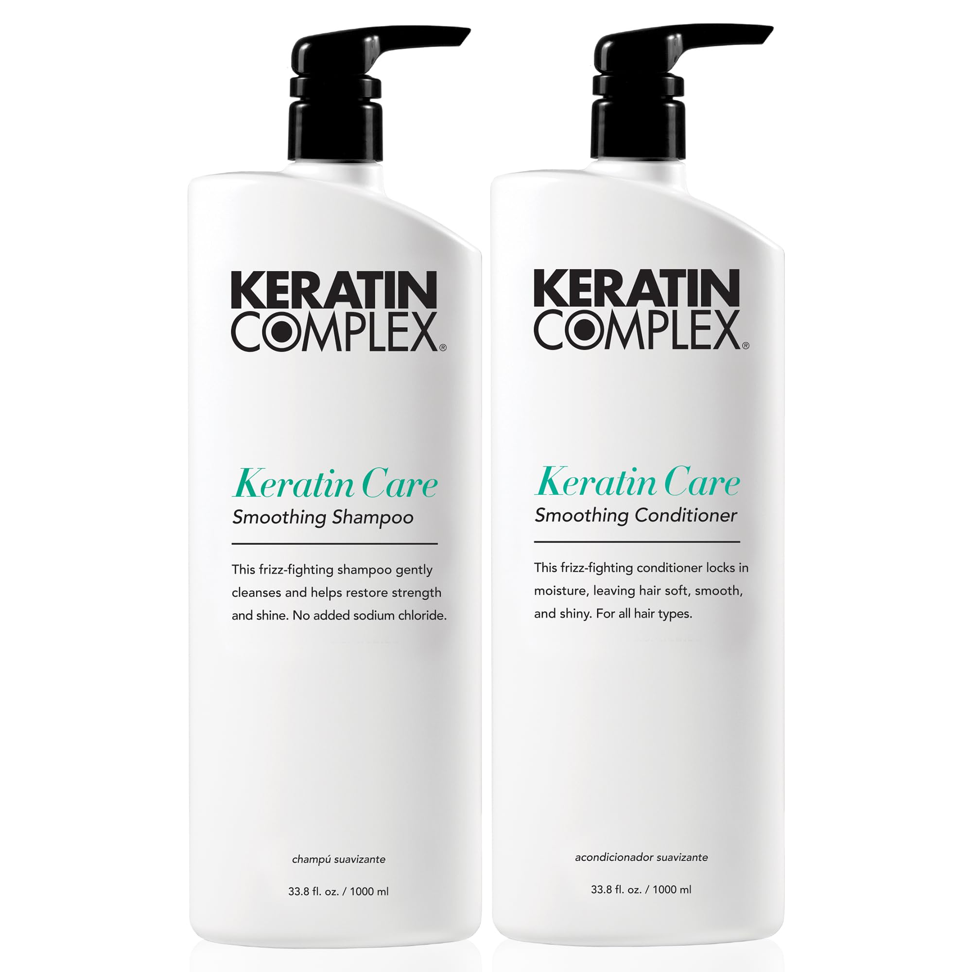 Keratin Complex duo front packaging shows full-size bottles and benefits