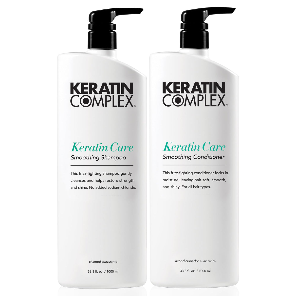 Keratin Complex duo front packaging shows full-size bottles and benefits