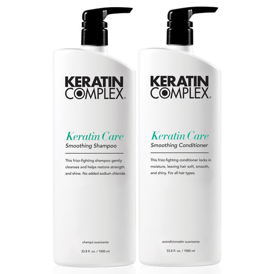 Keratin Complex duo front packaging shows full-size bottles and benefits