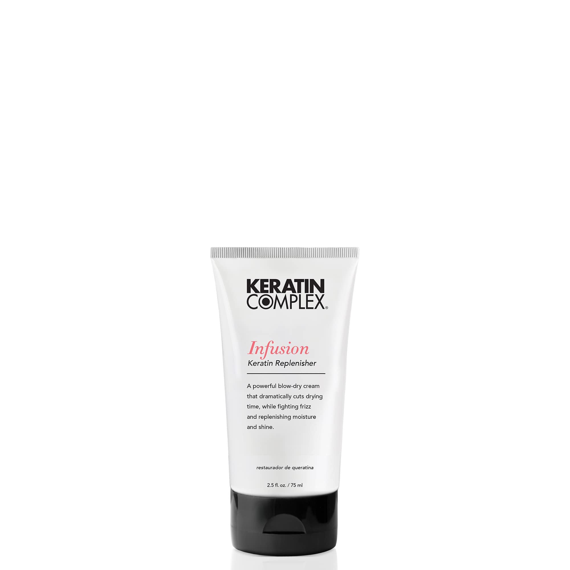 Keratin Complex front packaging shows product and benefits for faster blow-drying