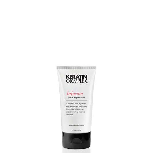 Keratin Complex front packaging shows product and benefits for faster blow-drying