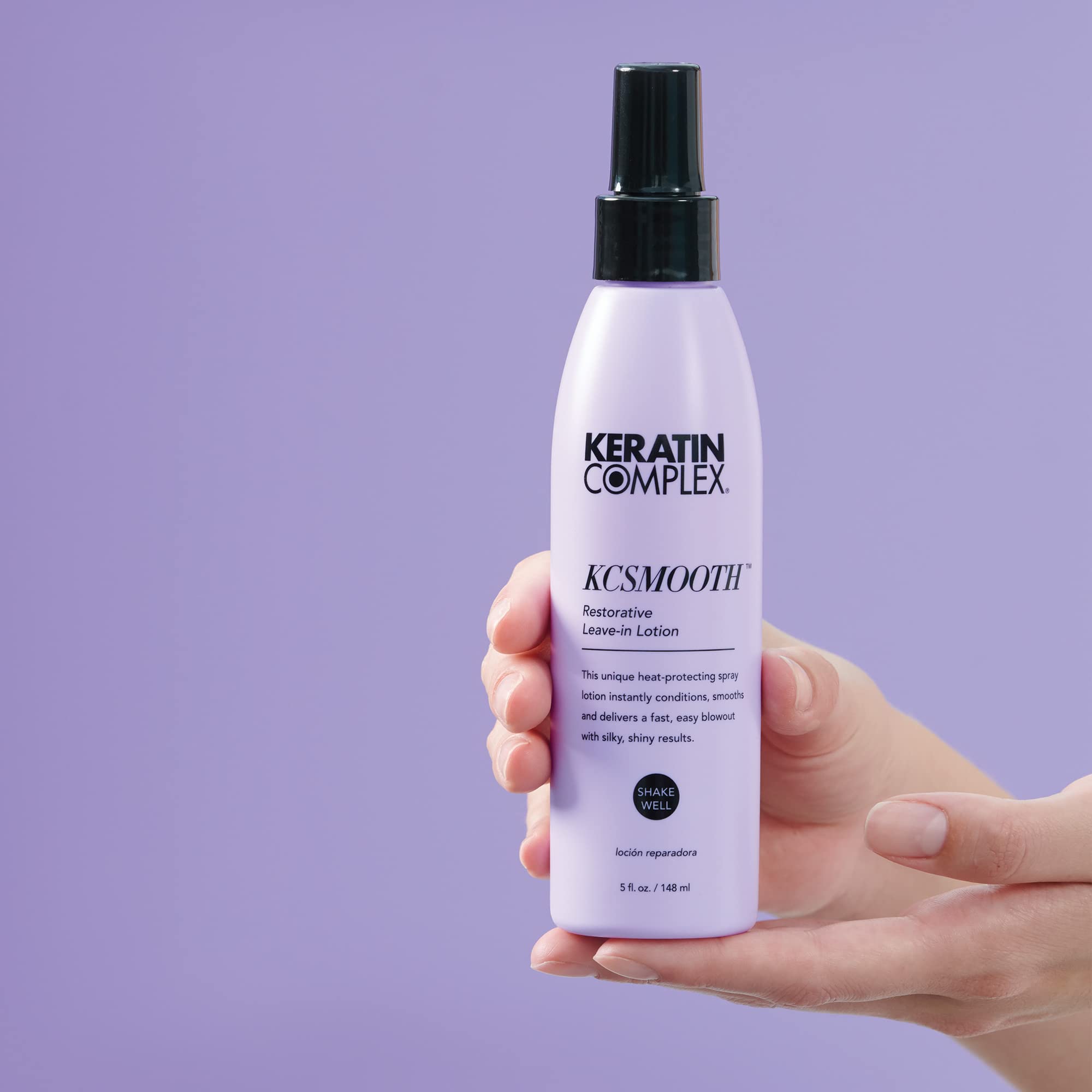 Keratin Complex bottle on bathroom counter conveying daily styling convenience