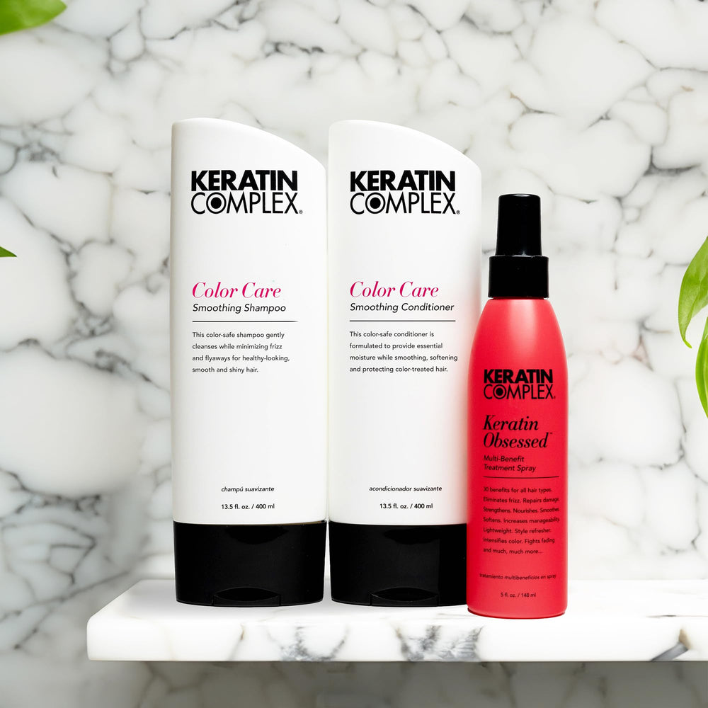 Keratin Complex kit arranged on bathroom shelf for easy daily keratin maintenance