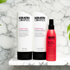 Keratin Complex kit arranged on bathroom shelf for easy daily keratin maintenance