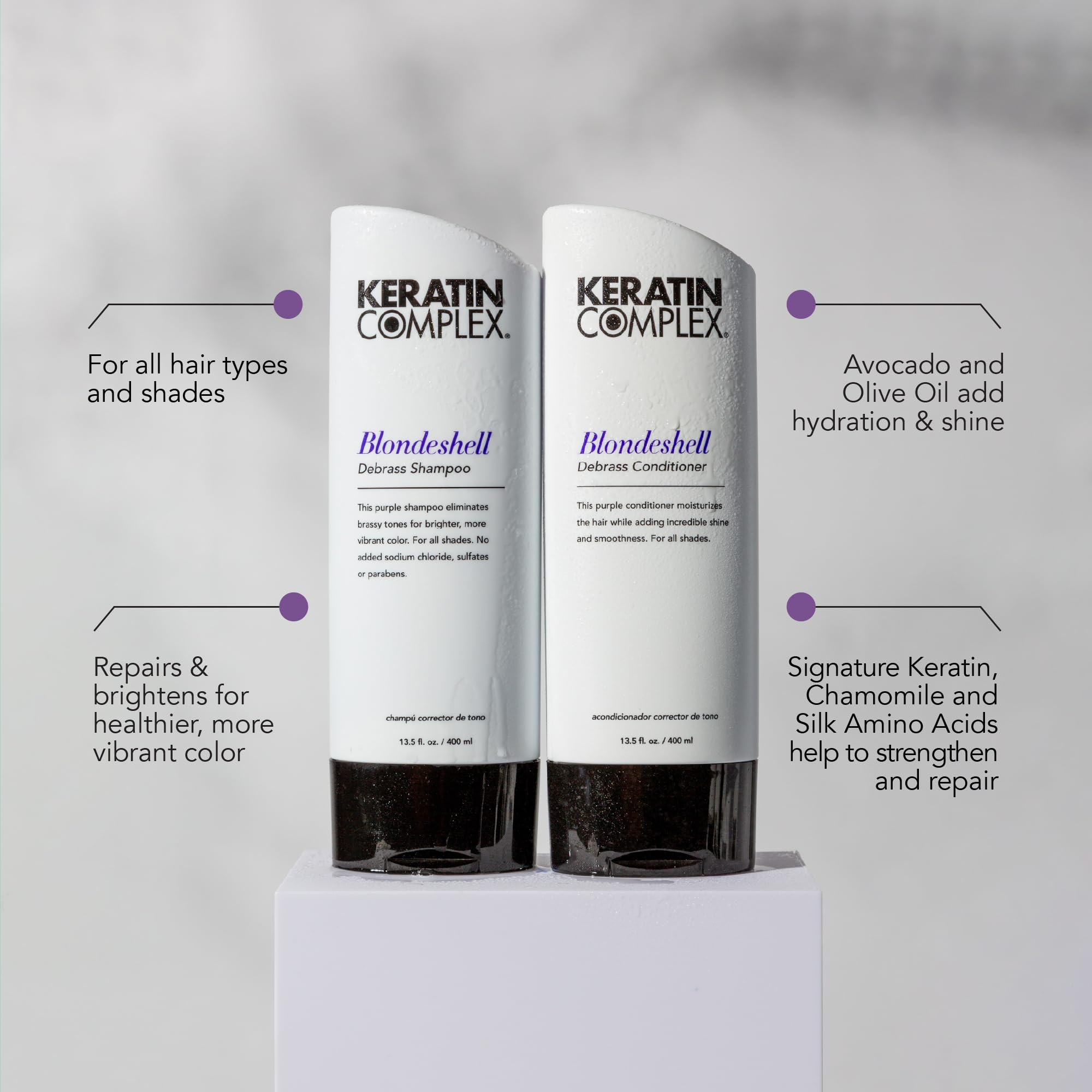 Keratin Complex lavender shampoo poured to show creamy texture and conditioning