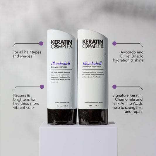 Keratin Complex lavender shampoo poured to show creamy texture and conditioning