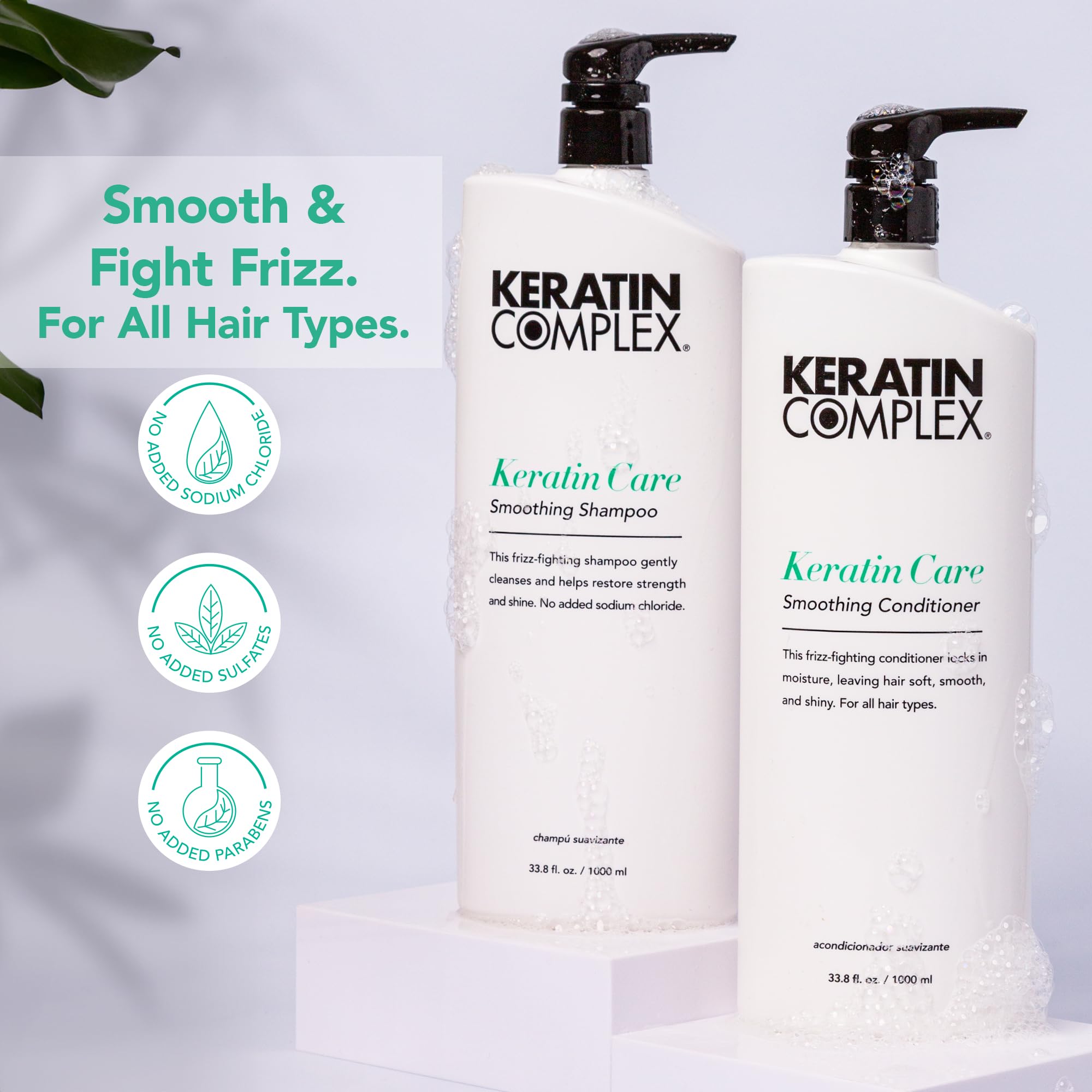 Keratin Complex shampoo pump close-up demonstrating easy dispensing