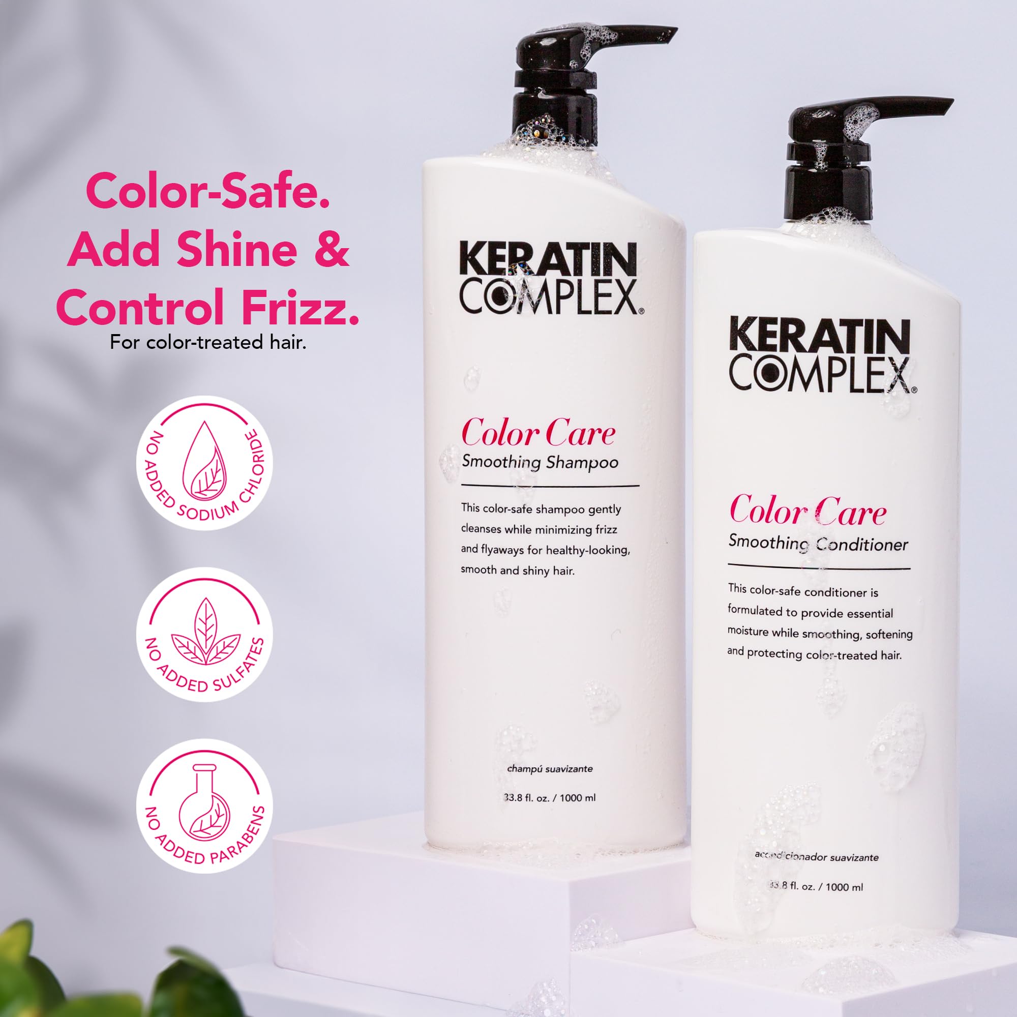 Keratin Complex shampoo pump closeup illustrating easy dispensing and gentle cleansing