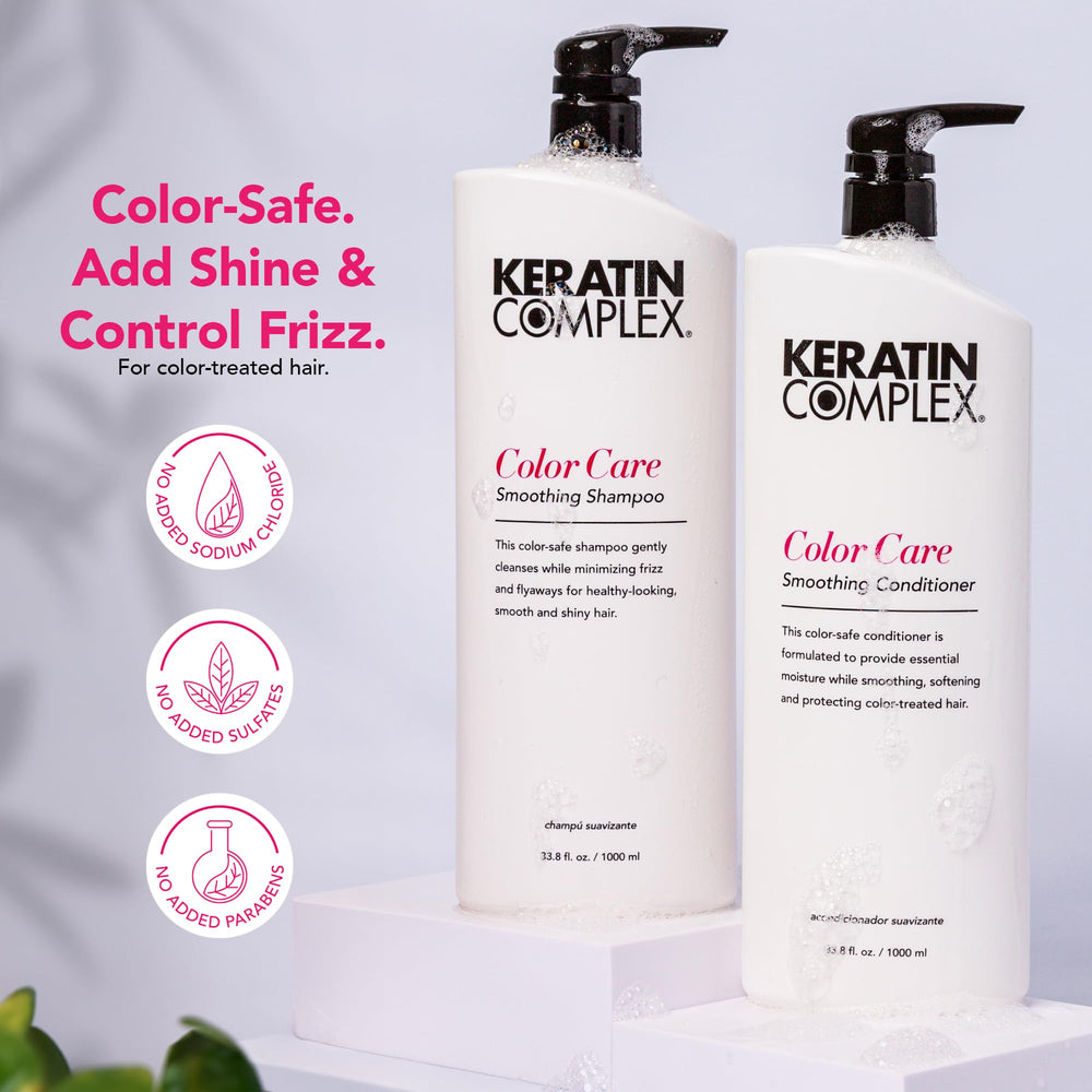 Keratin Complex shampoo pump closeup illustrating easy dispensing and gentle cleansing