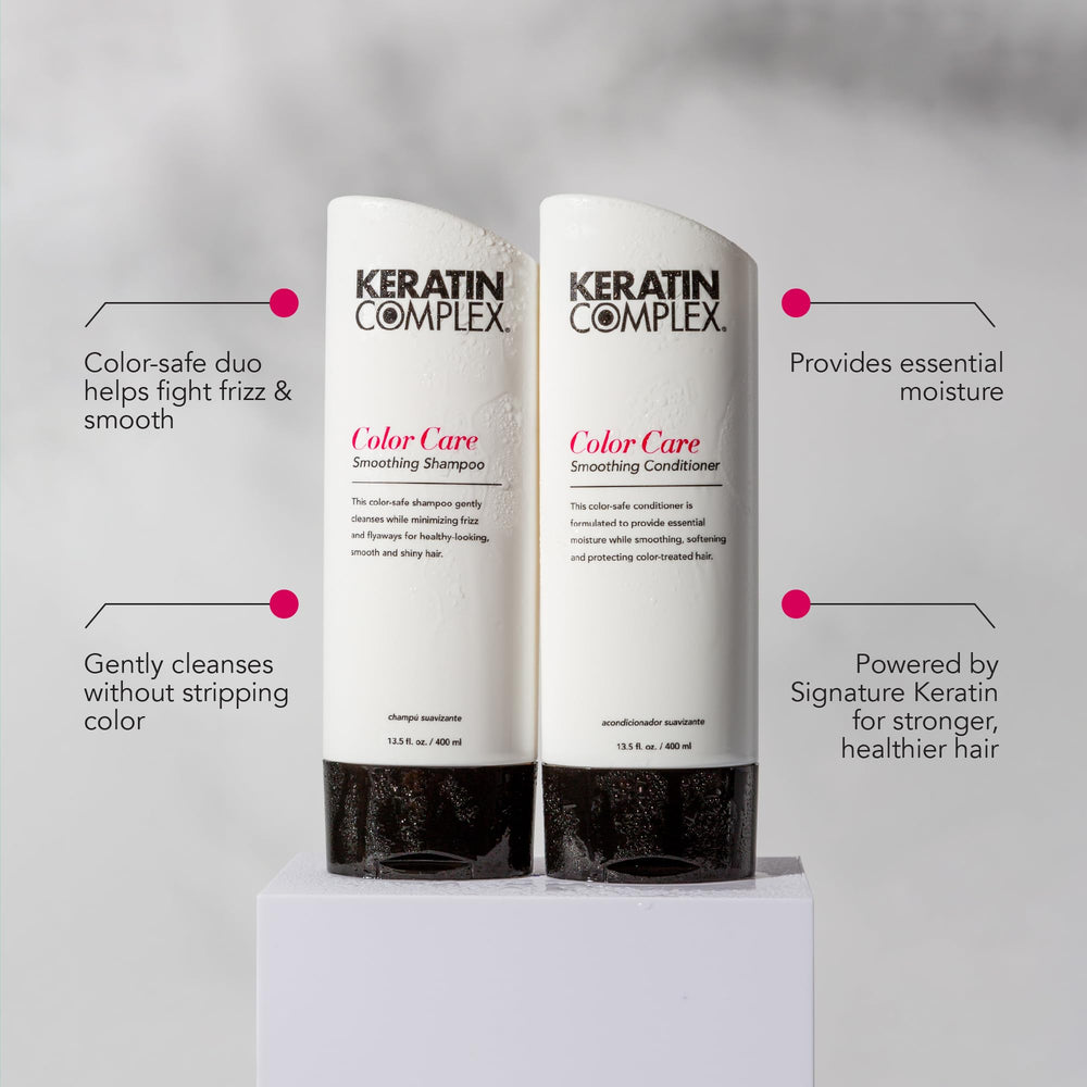 Keratin Complex shampoo pump dispenses gentle cleanser for color longevity