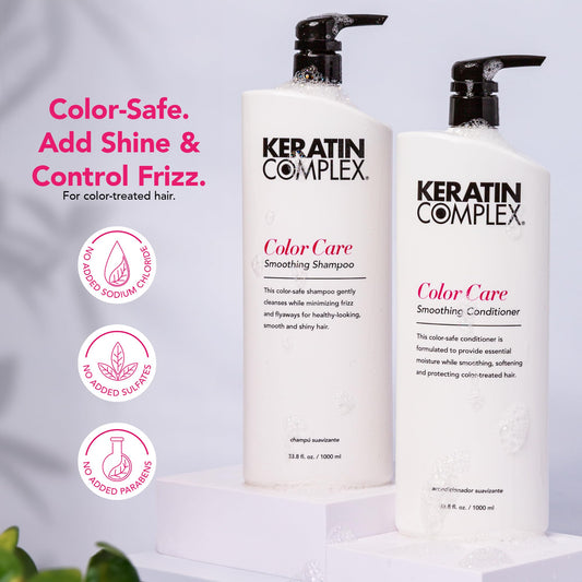 Keratin Complex shampoo pump closeup illustrating easy dispensing and gentle cleansing