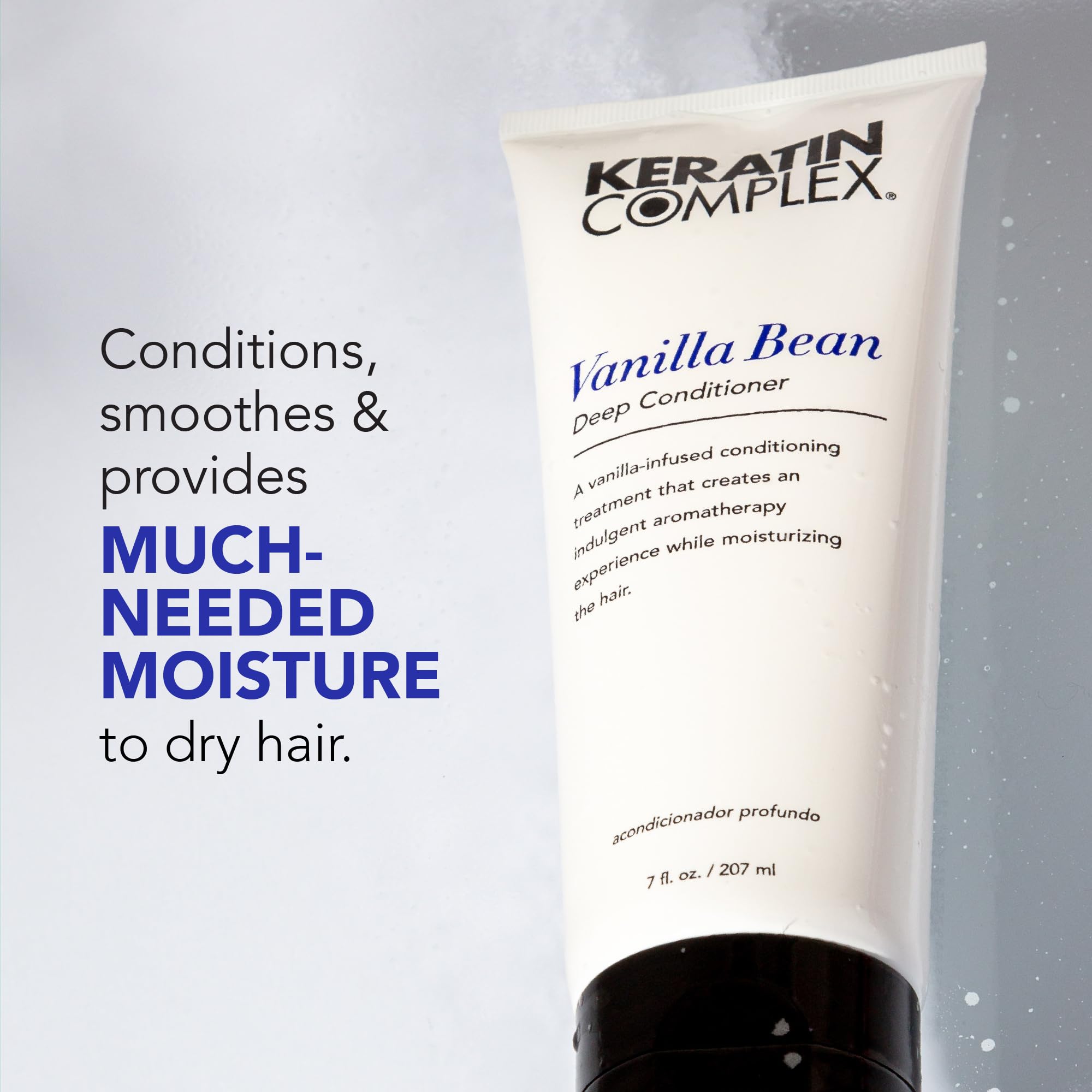 Keratin Complex jar in hand showing 7 oz scale and travel-friendly benefit