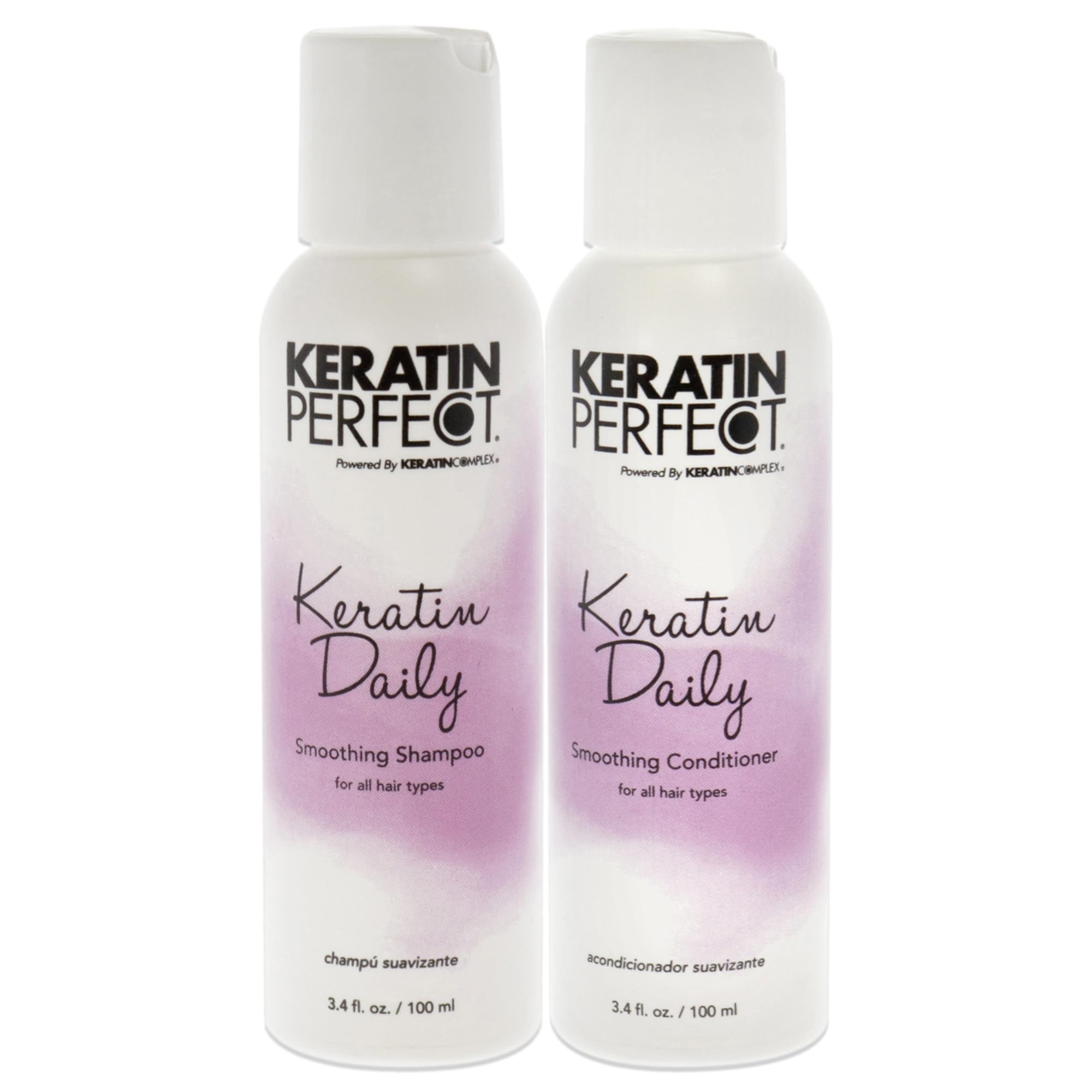 Keratin Perfect duo front packaging showing bottles and brand, delivering travel-friendly smoothing