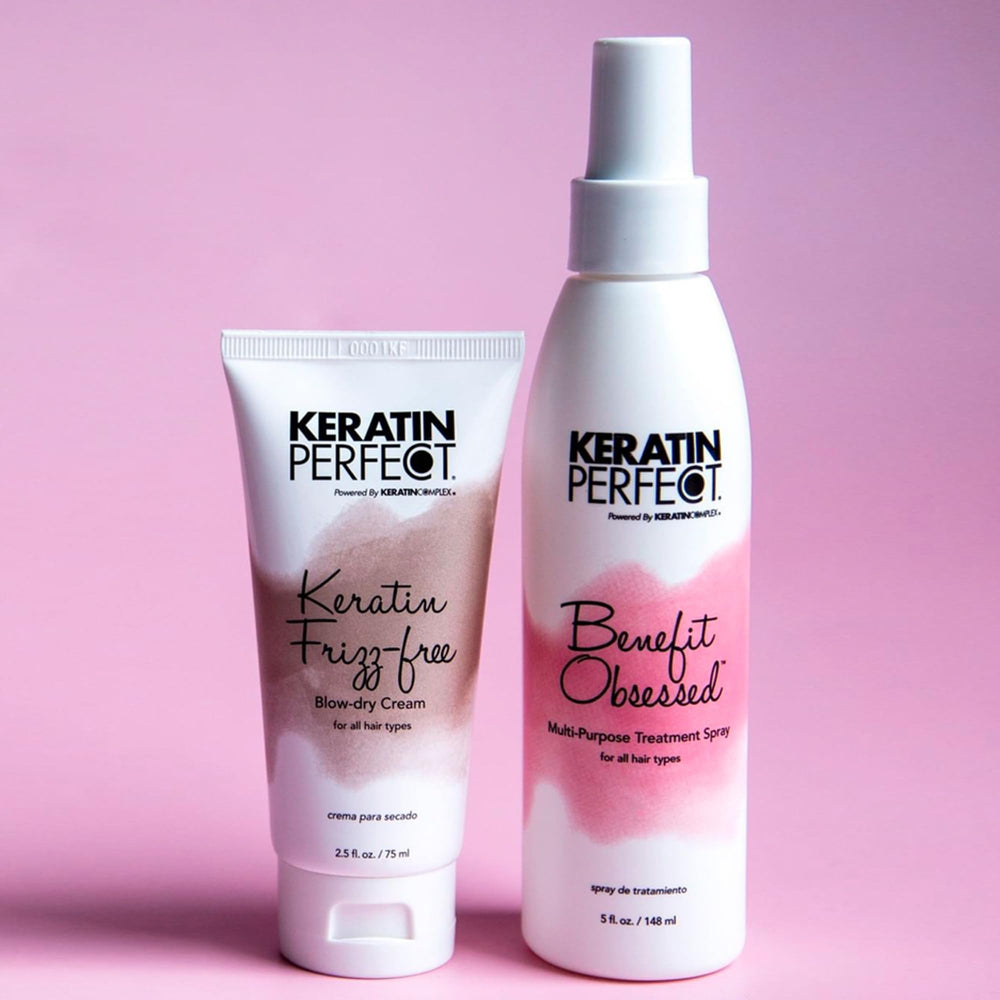 Keratin Perfect in travel pouch beside hair tools showing on-the-go styling benefit