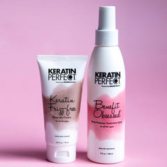 Keratin Perfect in travel pouch beside hair tools showing on-the-go styling benefit