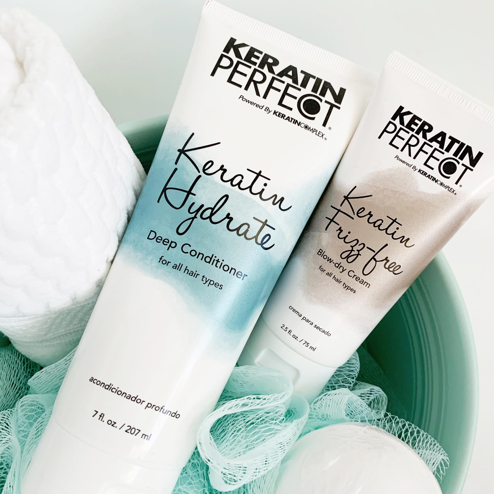 Keratin Perfect label close-up showing ingredients list and keratin claim for transparency