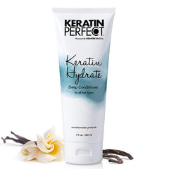 Keratin Perfect displayed on bathroom shelf in lifestyle setting suggesting daily ritual