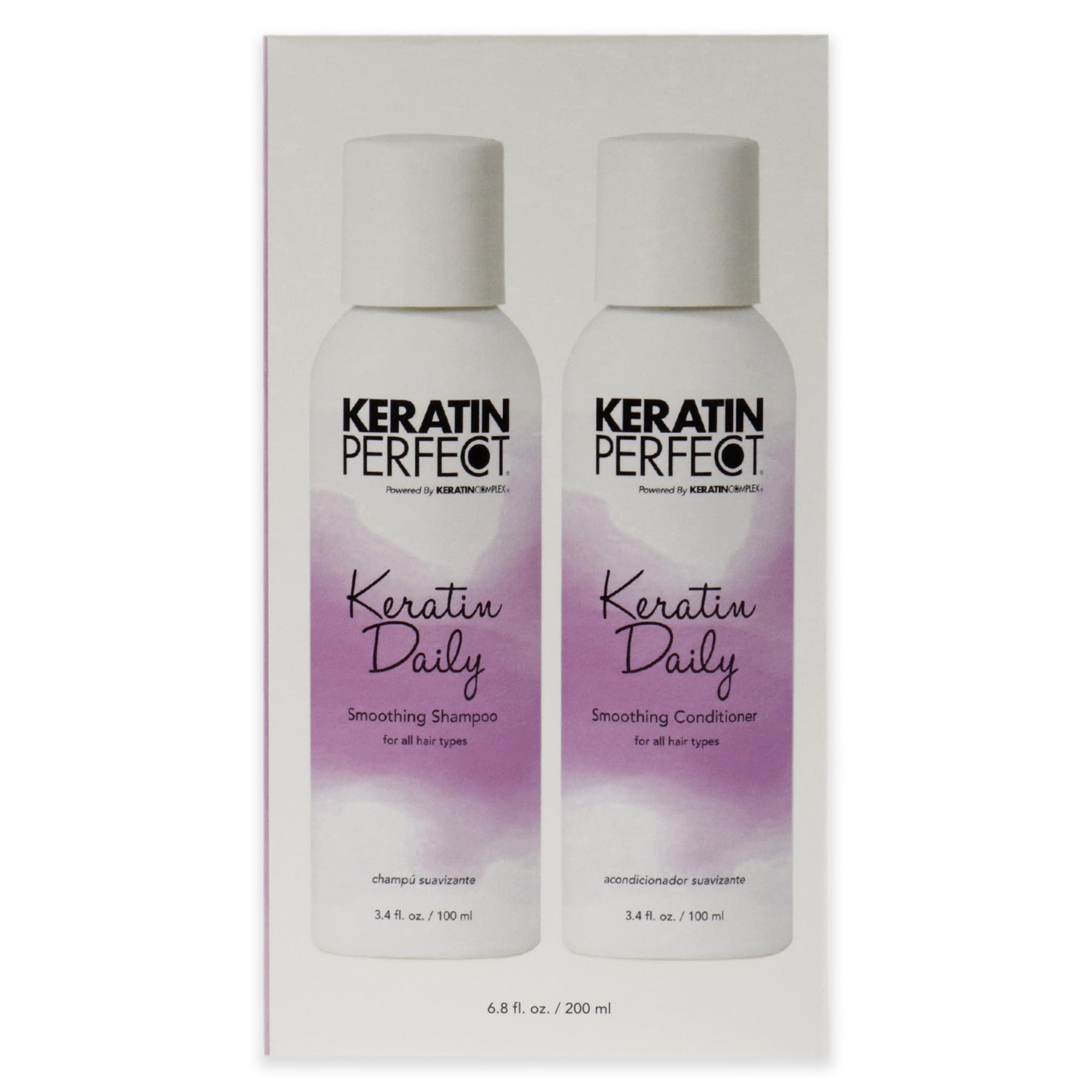 Keratin Perfect duo on bathroom shelf in lifestyle setting for straightforward daily routine