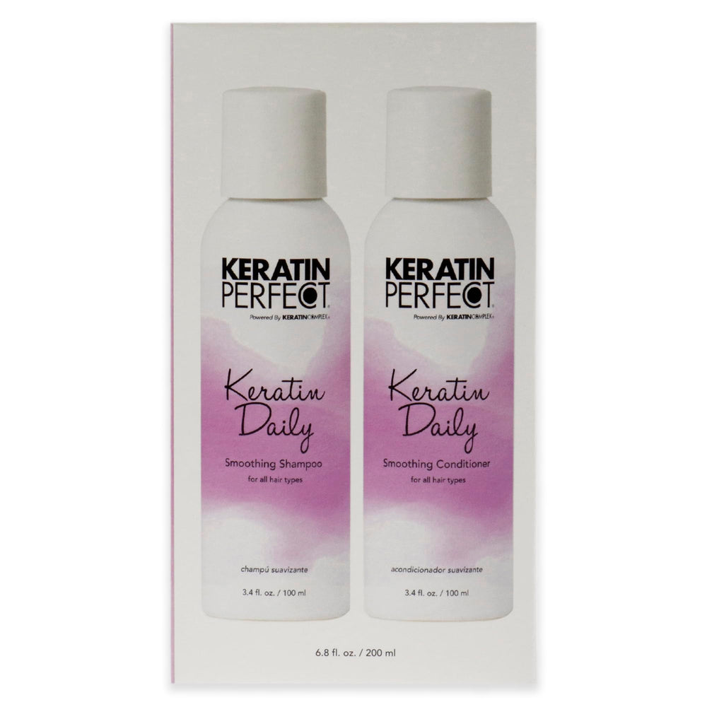 Keratin Perfect duo on bathroom shelf in lifestyle setting for straightforward daily routine