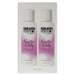 Keratin Perfect duo on bathroom shelf in lifestyle setting for straightforward daily routine