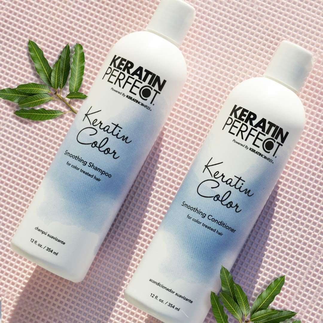 Keratin Perfect bottle in hand showing 12oz size and travel-friendly benefit