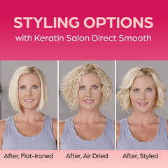 Keratin Salon Direct before and after split image showing reduced frizz and smoother hair