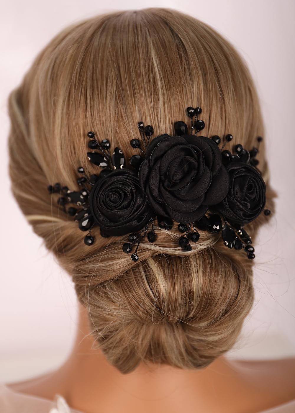 Kercisbeauty front view of black rose headband showing overall design and sparkle