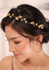 Kercisbeauty gold leaf headband front view shows elegant bridal sparkle