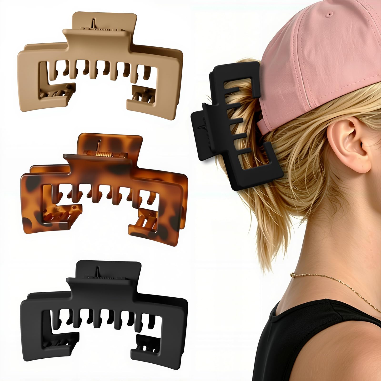 Kerfulty front view of three tortoise hat clips showing design and pattern benefit: stylish matching set
