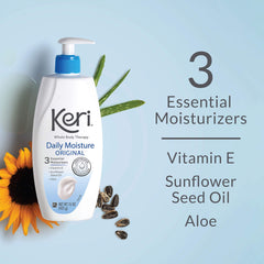 Keri lotion being dispensed from pump for controlled, mess-free use