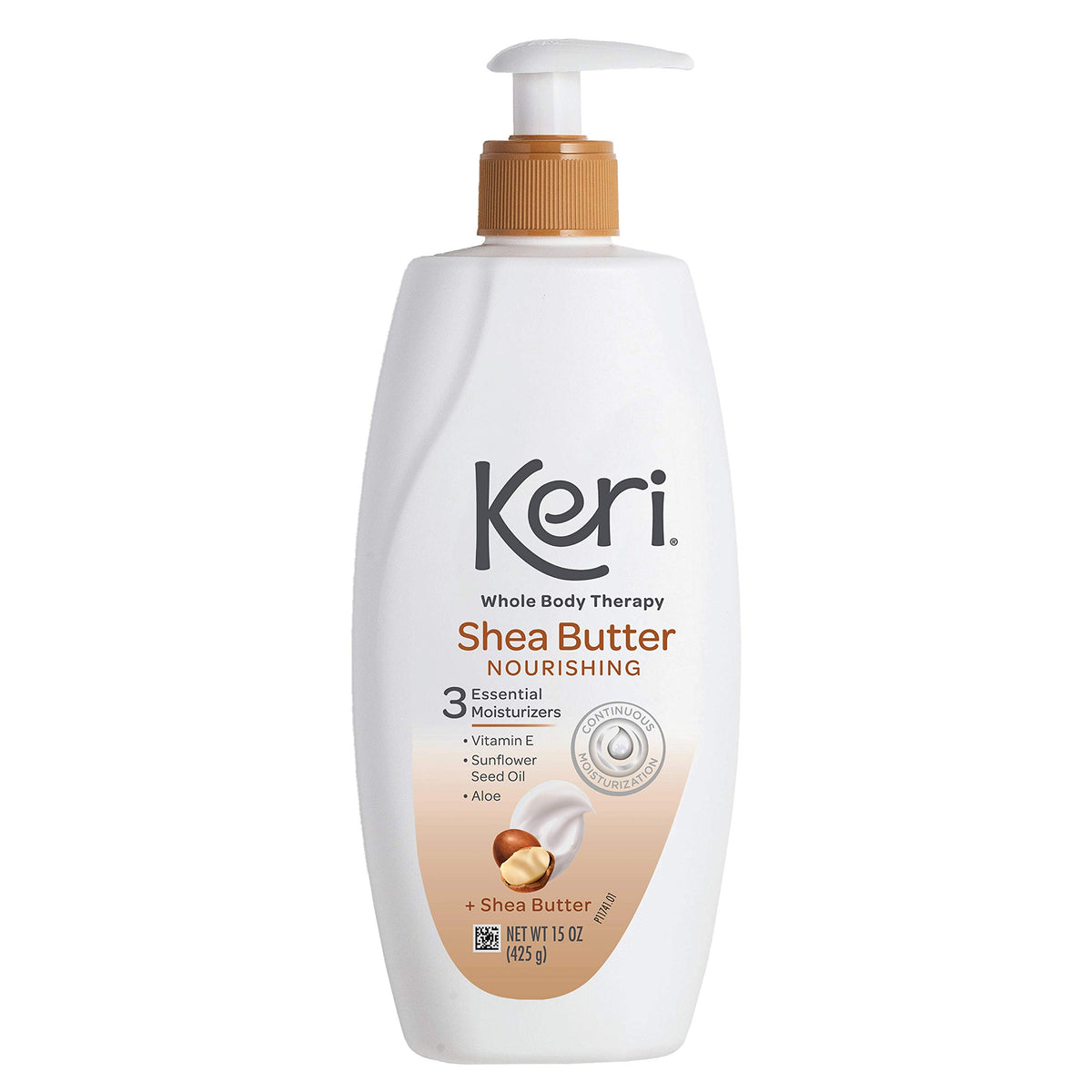 Keri bottle front packaging showing shea butter benefits and size
