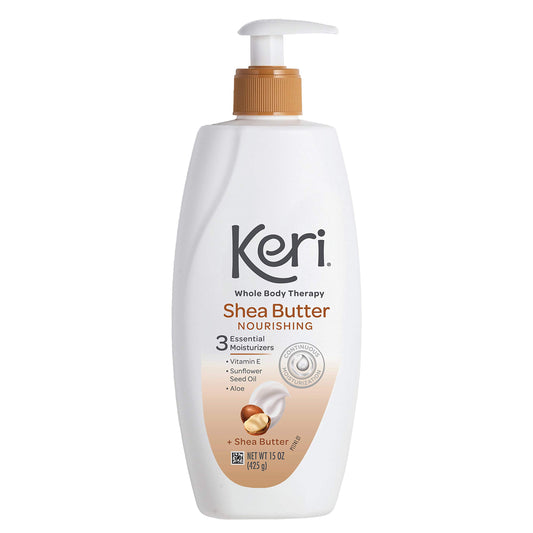Keri bottle front packaging showing shea butter benefits and size