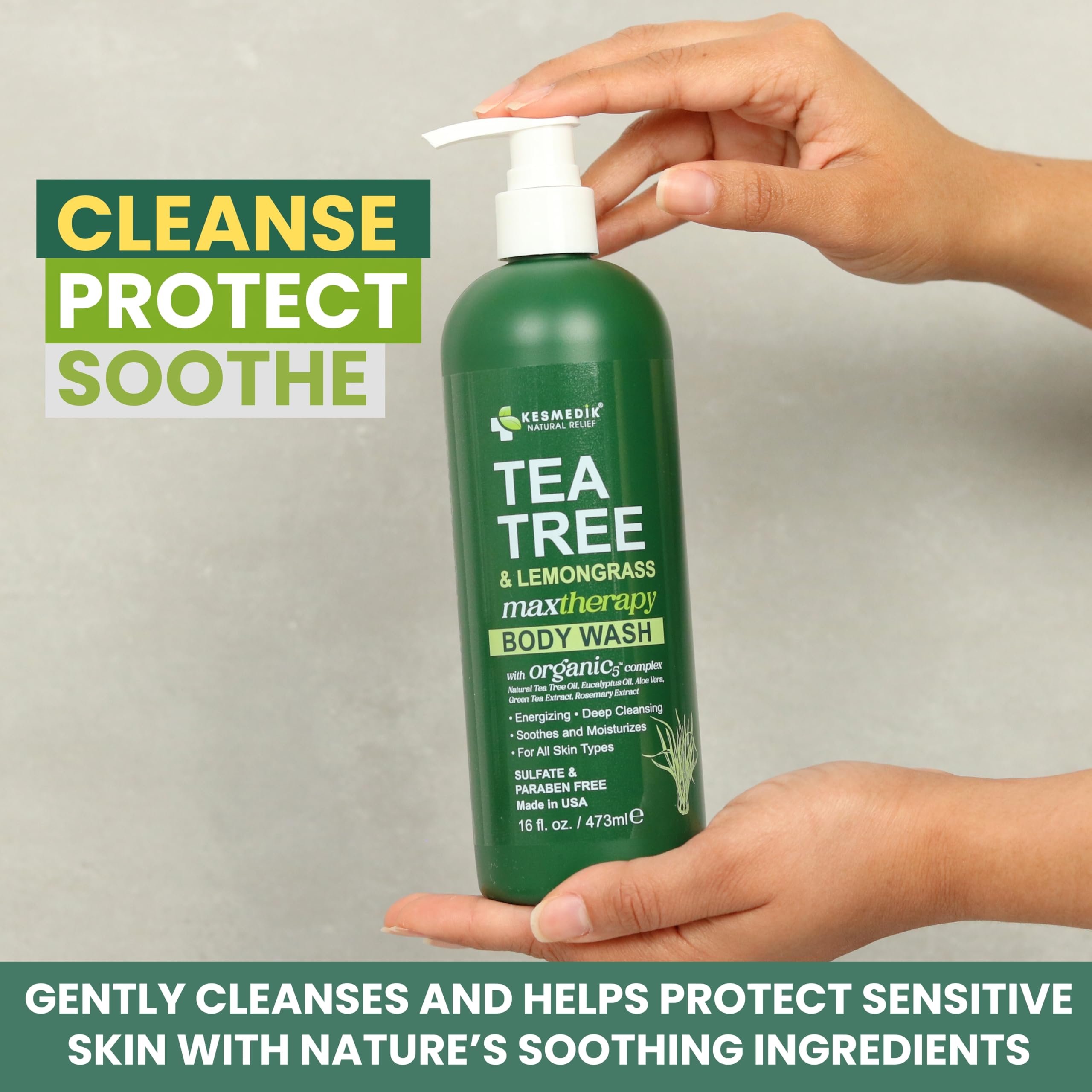 KESMEDIK bottle with lemongrass and tea tree botanicals, communicates natural blend