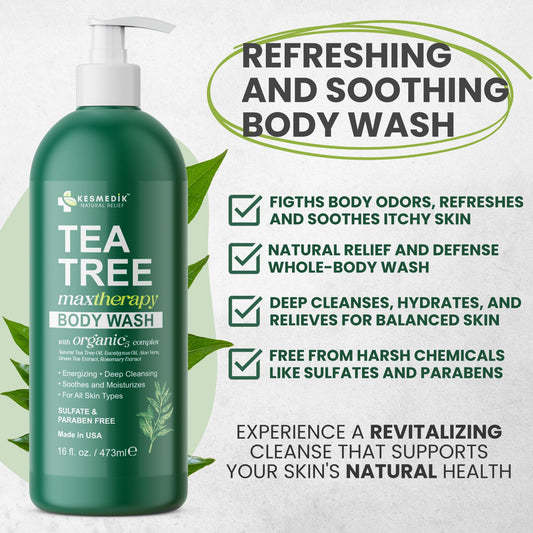 KESMEDIK label close-up highlighting tea tree oil and ingredient callouts