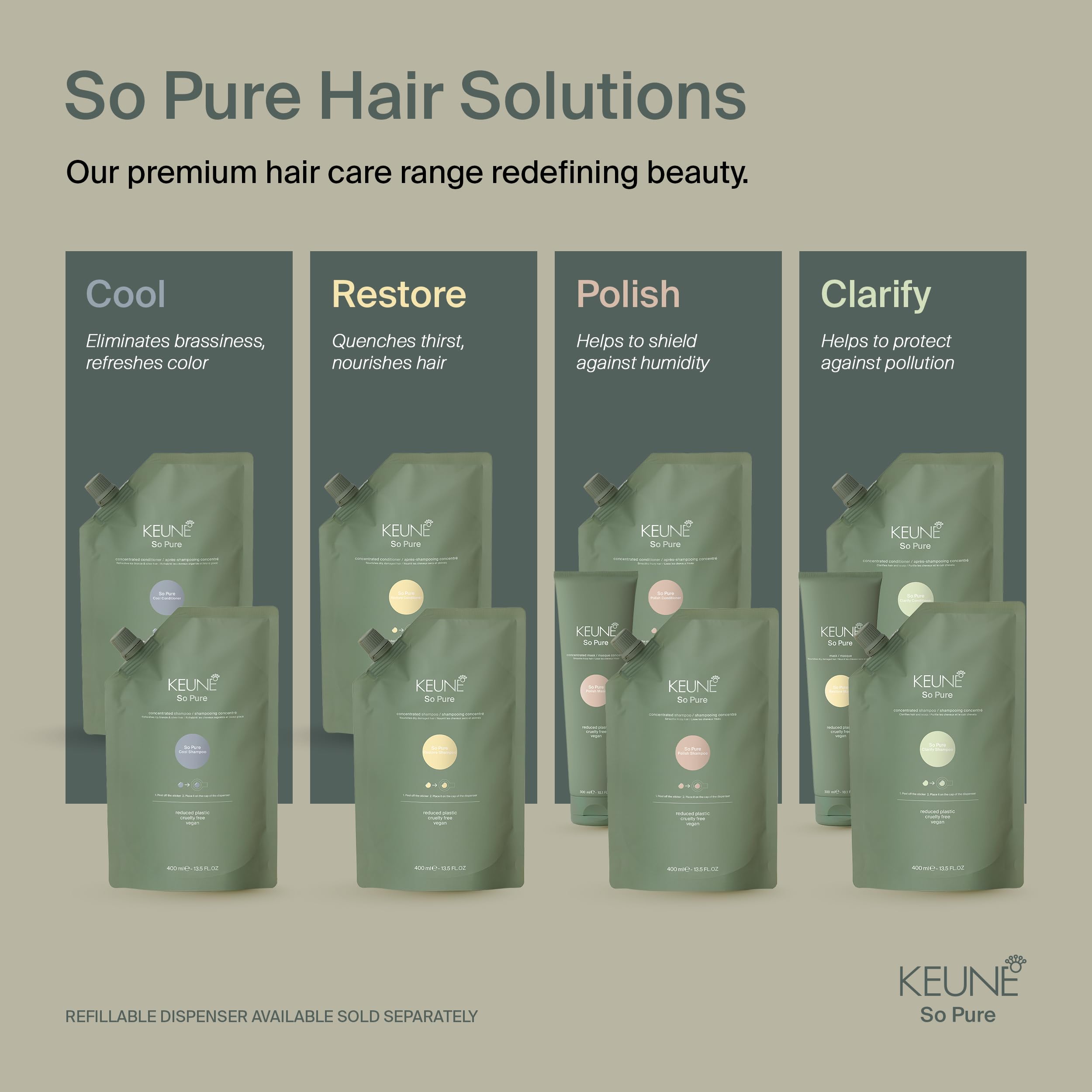 KEUNE 400ml bottle size comparison with hand showing ideal everyday capacity