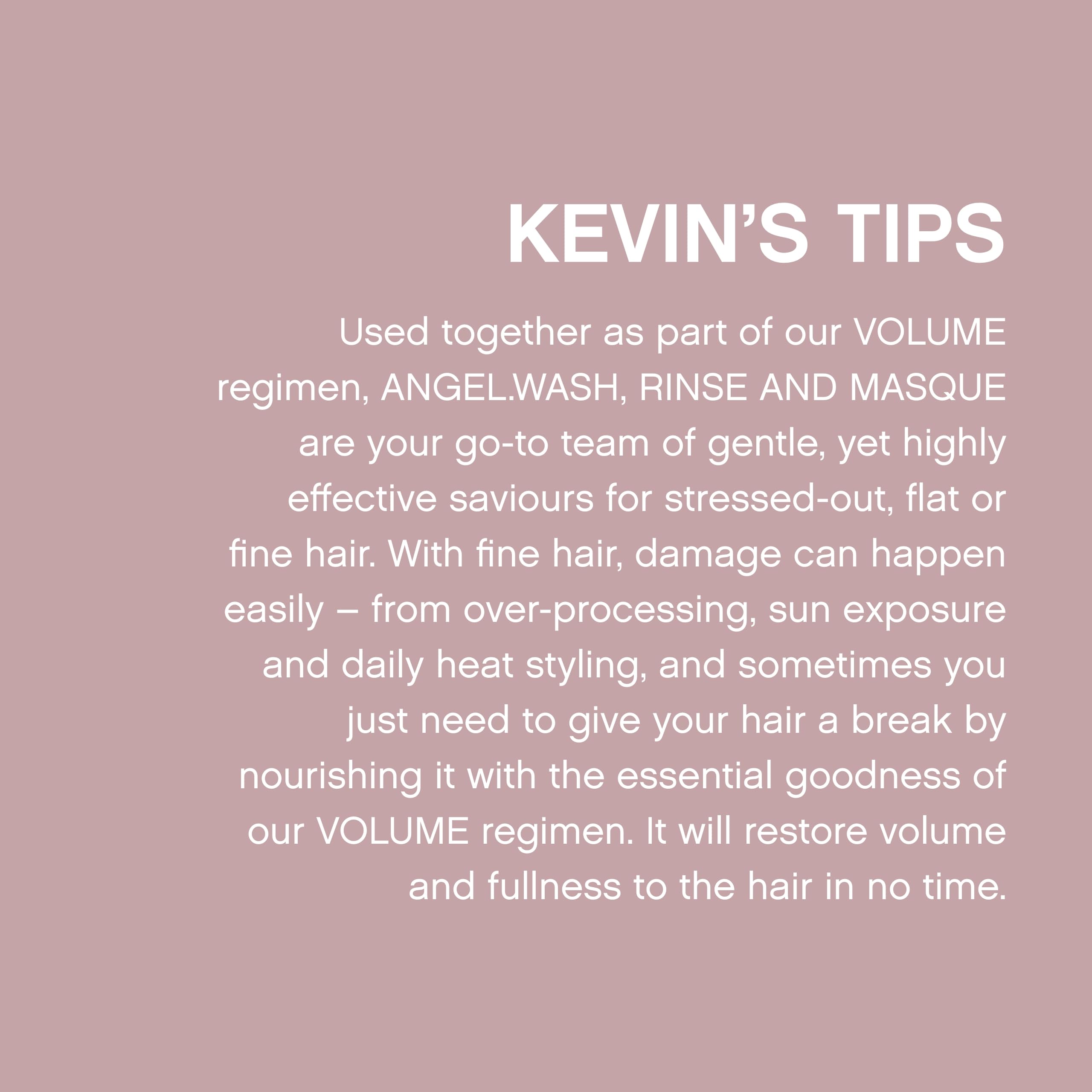 KEVIN.MURPHY ANGEL.RINSE next to ruler indicating 250ml scale and travel-friendly benefit