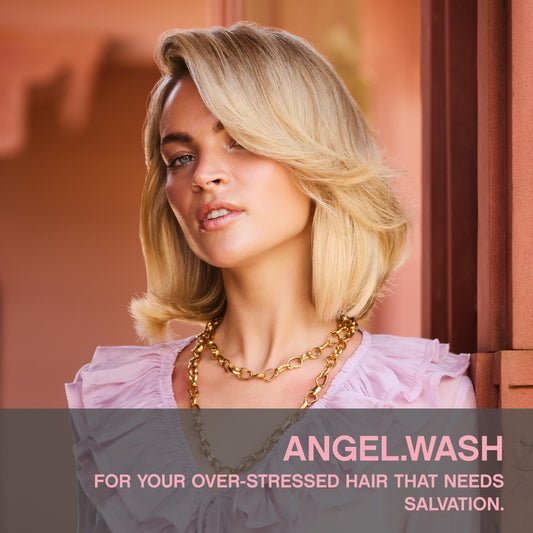 KEVIN.MURPHY label close-up on ANGEL.WASH highlighting ingredient callouts