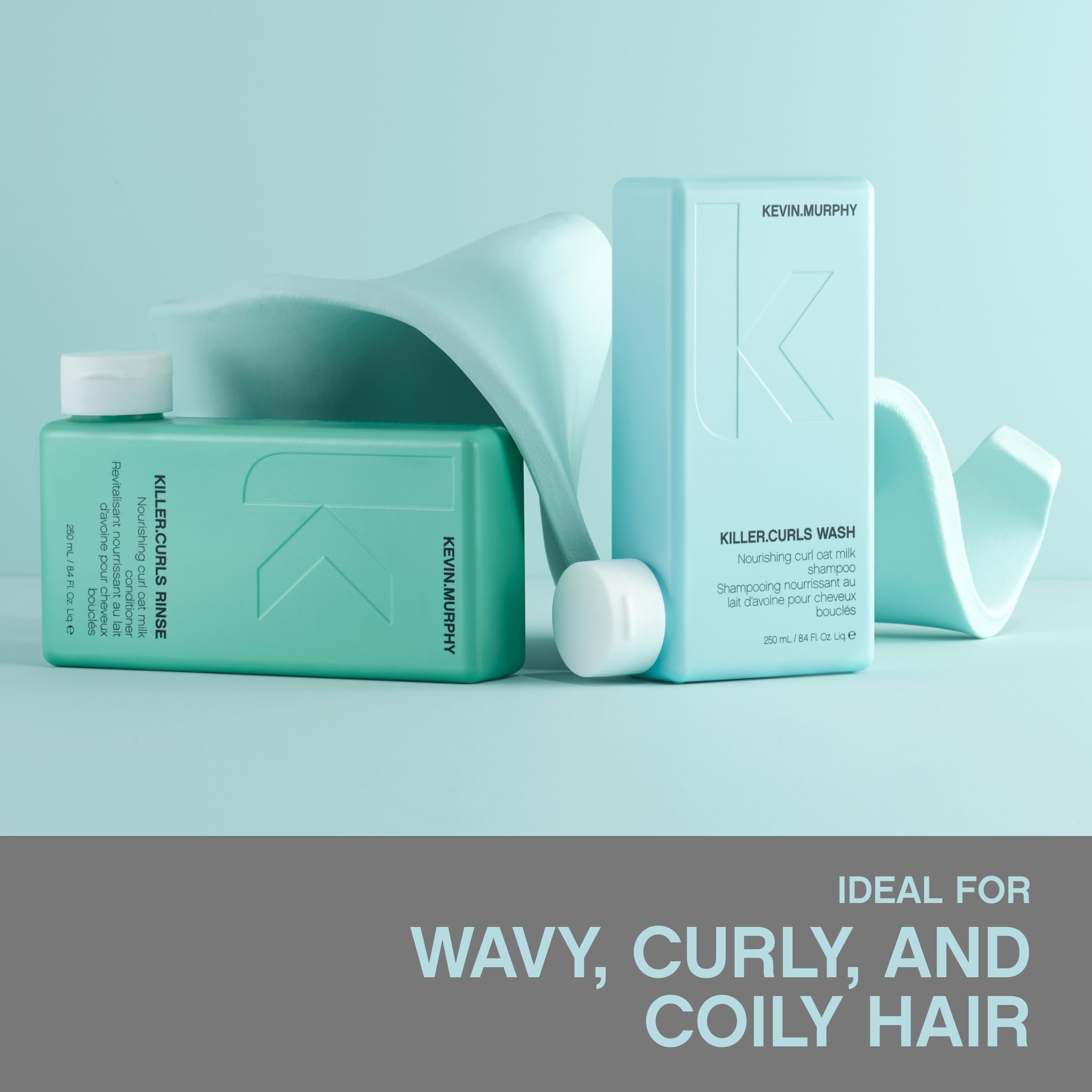 KEVIN.MURPHY bottle beside hand showing 250 mL scale and travel-friendly benefit