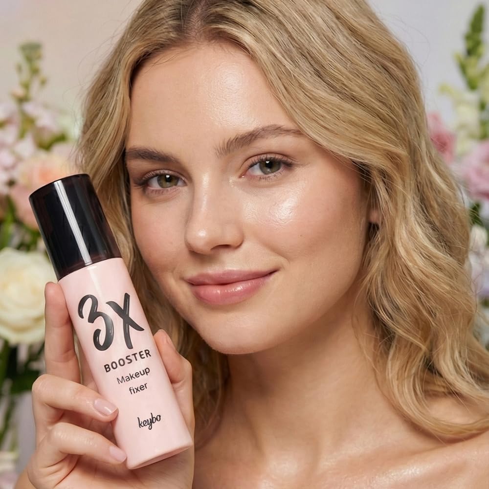 Keybo mist applied to model face for longer-lasting makeup benefit