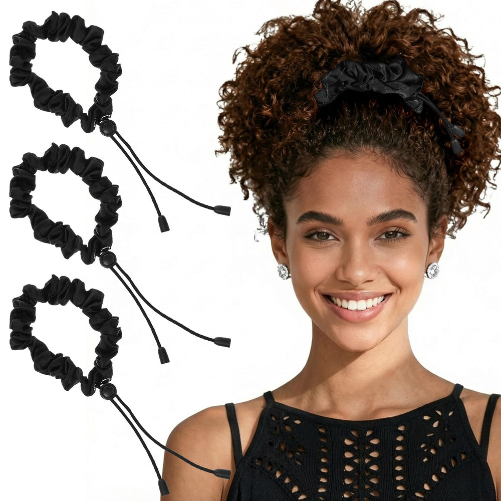 KFHENSOMR front product view showing three black satin scrunchies, secure hold