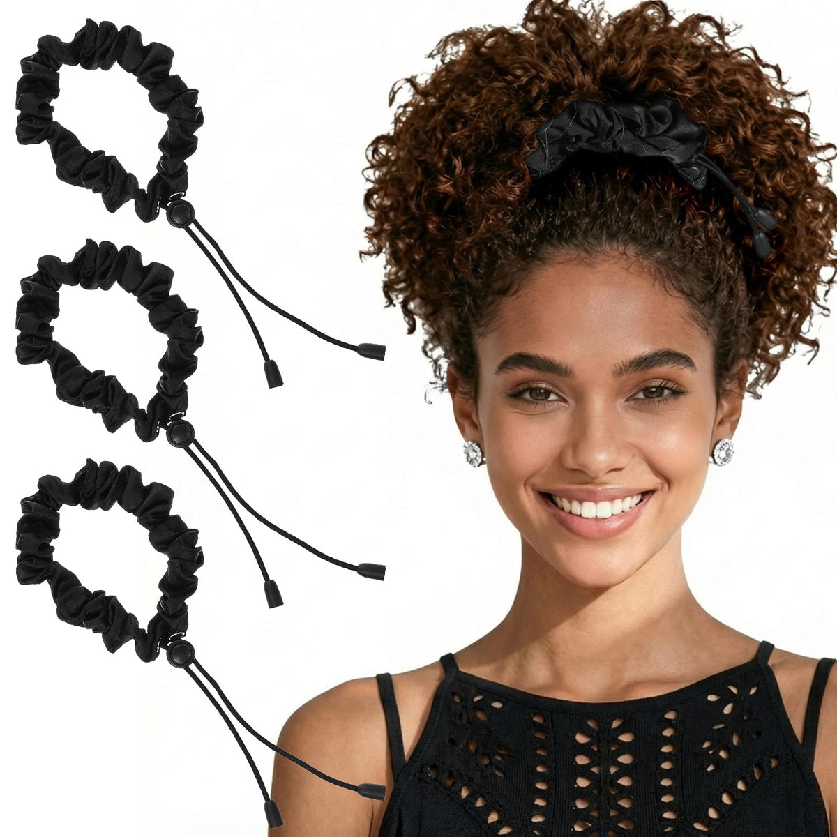 KFHENSOMR front product view showing three black satin scrunchies, secure hold