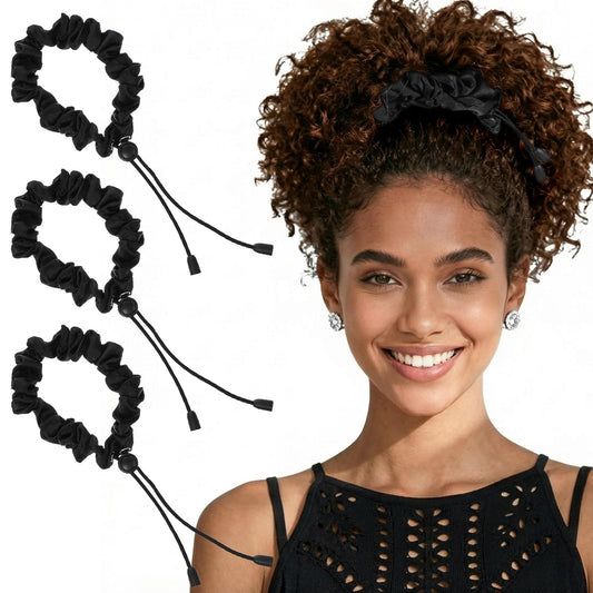 KFHENSOMR front product view showing three black satin scrunchies, secure hold