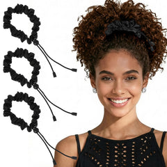 KFHENSOMR front product view showing three black satin scrunchies, secure hold