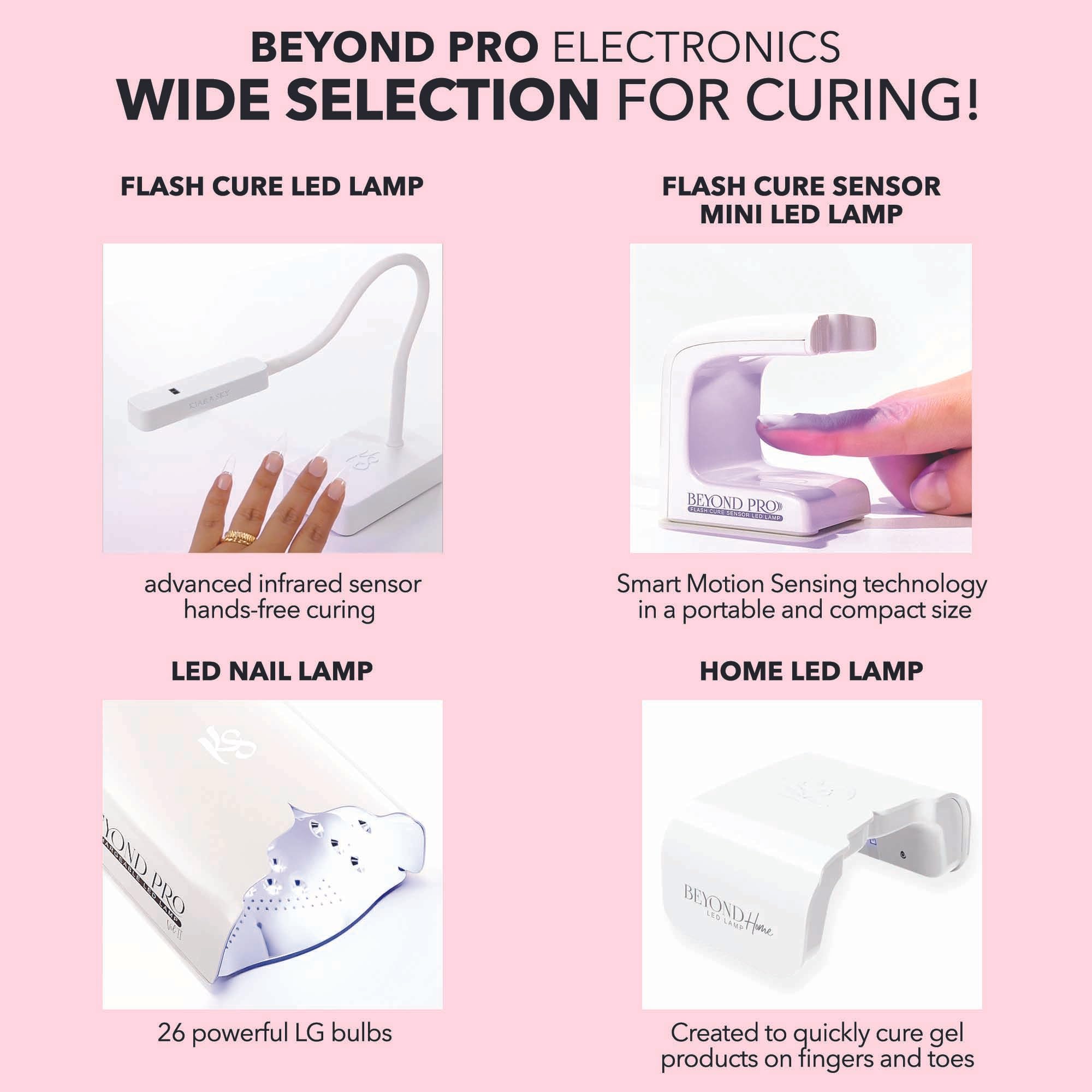 KIARA SKY bottle beside LED lamp showing fast curing and time-saving benefit
